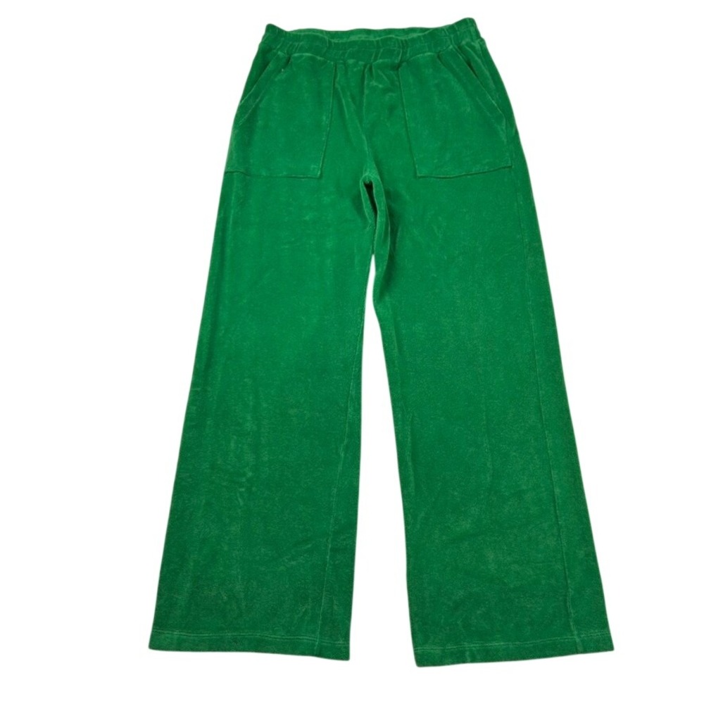 Monrow Pants Womens L Terry Cloth Wide Leg Green Lounge Pockets Comfy Cozy USA